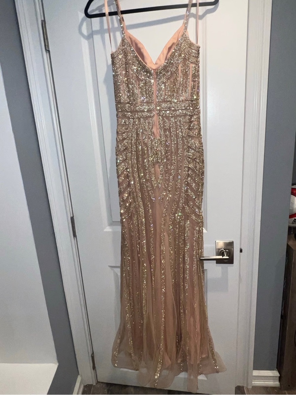 Embellished Blush Prom Gown with Spaghetti Straps